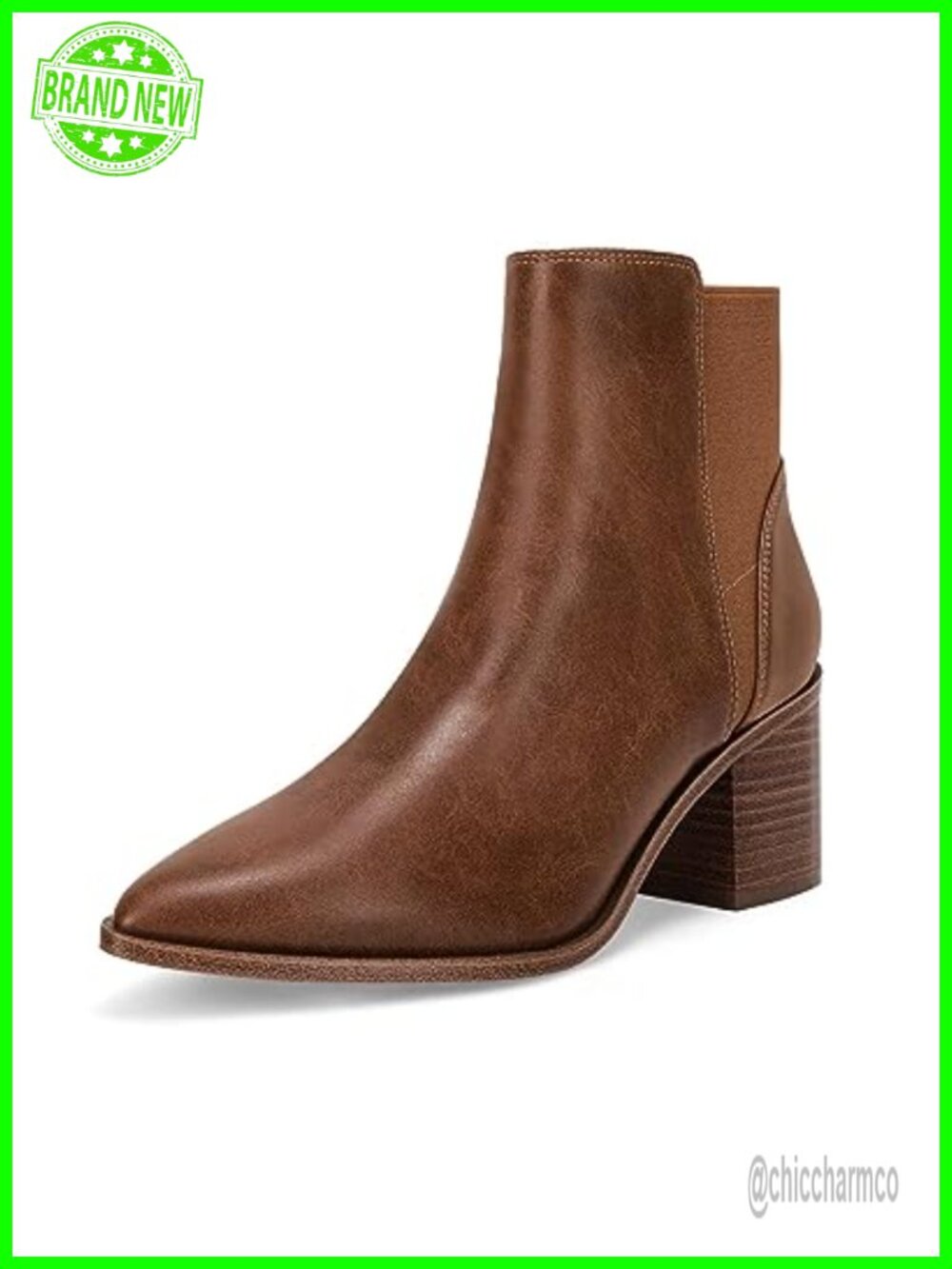 Faux Leather Pointed Toe Chunky Stacked Heel Slip On Ankle Booties